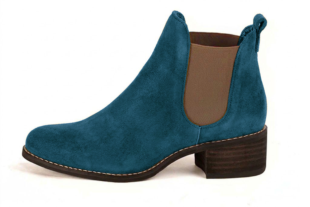 Women's peacock blue and bronze solid-color chelsea boots with round toe and leather sole - Profile view